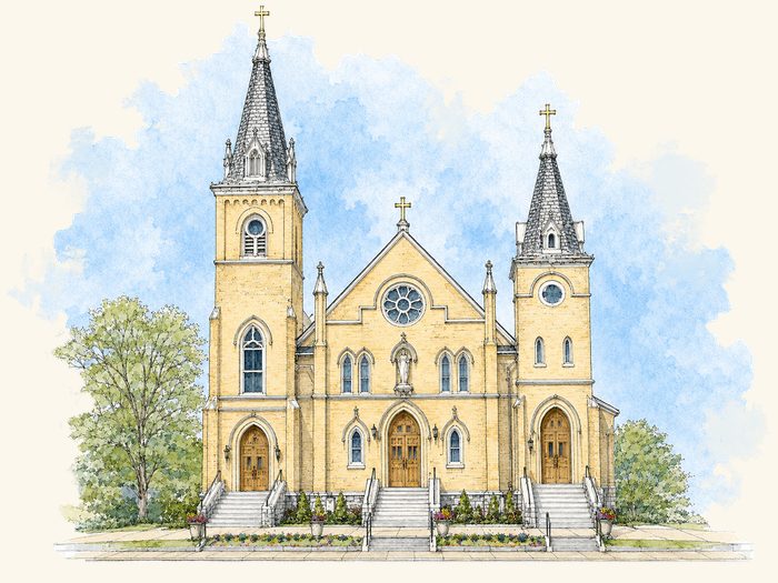 Watercolour illustration of the Church of the Assumption, Westport, Connecticut